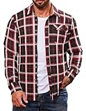 COOFANDY Karohemd Herren Flanell Mit Tasche Lange Ärmel Hemd aus Baumwolle Slim Fit Trachtenhemd Rot XXL