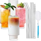 MOYKSRR Cocktail Gläser 4er Set, 300ml/11oz Geriffelte Gläser, Eiskaffee Gläser, Saftglas, Longdrinkgläser mit 4 Glasstrohhalmen, 2 Strohhalmbürsten, 1 Glasbürste für Familie, Restaurant, Party, Bar