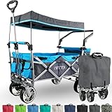 IMLEX Bollerwagen faltbar mit Dach IM-4268 Azurblau | Hohe Stabilität, 1X 3-Punkt Gurtsystem | Handwagen klappbar mit Schiebegriff ideal für 2 Kinder