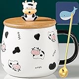 Arawat Kuh Tasse mit Deckel Lustige Kaffeetasse Kuh Geschenk 400 ml Keramik Teetasse mit Löffel & Untersetzer Weihnachten Cute Groß Tee Kaffee Becher Tassen Süße Geburtstagsgeschenk für Freund