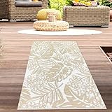 CARPETIA Outdoor-Teppich Wetterfest Kunststoff Wendeteppich Picknick Garten Terrasse Balkon pflegeleicht modern Blätter beige Läufer 90x150cm