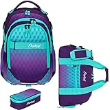 ELEPHANT 3 Teile Set Schulrucksack Jungen Mädchen Signature Hero 2 Schultasche Laptopfach Rucksack + Sporttasche + Mäppchen Box (Violet Cube 12868 (Türkis Lila))