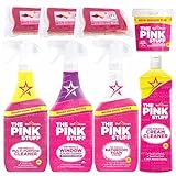 The Pink Stuff Reinigungsmittel Set - Reinigungspaste 850g, Mehrzweckspray 850 ml, Cremereiniger 500ml, Badezimmer-Schaumreiniger und Glasreiniger 850ml, Reiningungsset Bundle mit 6x Cleverry Schwamm