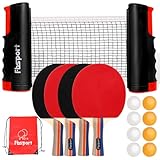 Tischtennisschläger Set Profi, Tischtennis Set mit 4 Schläger, Einziehbarem Netz, 8 Tischtennis Bälle und 1 Tragetasche, Ping Pong Set für Indoor Outdoor Kinder Erwachsene
