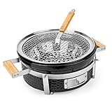 Onlyfire Rund Keramik Tischgrill, Ø 35 cm Hibachi Yakitori BBQ Grill Mini Holzkohlegrill mit Holzgriffen, Edelstahl Grillrost, Grillrostheber, für Camping, Balkon