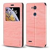 Shantime Sichtfenster-Lederhülle Kompatibel mit LG X5 2018, Elegantes Design mit Klarsichtanzeige, Unsichtbarem Magnetverschluss und Kartenfach(Rosa)