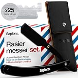 Sapiens Barbershop Rasiermesser Herren - Bart Rasierer + 25 Rasierklingen + Tragetasche - Barber Rasierer mit Wechselklinge - Straight Razor Schwarze Edition