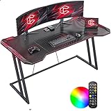 CubiCubi Gaming Schreibtisch, 140 x 60 cm Esport Ergonomischer Computertisch Tisch mit Kohlefaseroberfläche und LED, stabiles Z-Gestell, Kopfhörerhaken zum Spielen, Lernen, Schwarz