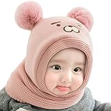 Vobozeany Baby schlupfmütze Warm Niedlich Bär Wintermütze Schalmütze Strickmütze mit Bommel Fleecefutter Beanie Mütze