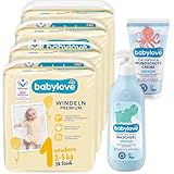 6er Pack: 4 x Babylove Windeln Premium Gr. 1, Newborn, 2-5 kg, 28 St = 112 St. 1 x babylove Baby Waschgel Kopf bis Fuß sensitive, 1 x babylove Wundschutzcreme sensitive Calendula, 75 ml