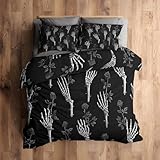 Generisch Bettwäsche 135x200, Gothic Bettbezug mit 1 Kissenbezug 80x80, 2tlg Schlafzimmer Deko, Skeleton Hand Rosen Blumen Muster Weiche Mikrofaser Deckenbezug, Reißverschluss N692A