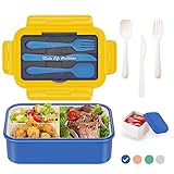 LUZOON Lunchbox, Bento Box Brotdose Erwachsene 1400ml mit 3 FäChern für Kinder inkl. Besteck, Jausenbox für Mikrowellen Und SpüLmaschinen, Schule, Arbeit, Picknick, Reisen, BPA Frei (Blau+Saucenbox)