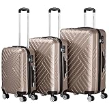 Zelsius Koffer Set 3 Stück, Champagner | ABS Hartschalenkoffer mit Zahlenschloss, Doppelrollen und Innen Trennwand | Handgepäckkoffer, Hartschalenkoffer Set 3 teilig, Trolley, Koffer Groß, Luggage Set