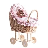 e-wicker24 Puppenwagen aus Weide mit Bettwäsche perfekte Geschenkidee Korbpuppenwagen schöner Spielzeug aus Korbgeflecht Korbwagen für Puppen Spielzeug für Mädchen (Pink 2)