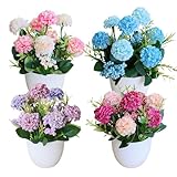 XIAQICA 4 Künstliche Blumen im Topf Mini Kunstpflanze Künstliche Pflanzen Klein Chrysantheme Tischdeko Innen Außenbereich DIY Blumenarrangements Grünpflanzen für Balkon Zuhause Büro Wohnzimmer Deko