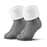 Piarini 1 Paar Kuschelsocken mit ABS Sohle - warme Damen Socken - Wintersocken mit Anti Rutsch Noppen - dicke Haussocken grau