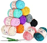 Acrylwolle Set - 12 Farben Häkelgarn, 50G Strickgarn Aus 100% Acryl, Mehrfarbig Mit 2 Häkeln für Anfänger, Kinder Strickwolle Handstrickgarn für Häkeln und Kunsthandwerk