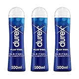 Durex Play Feel Gleitgel–Abwaschbar, nicht fettend & hinterlässt keine Flecken–Auf Wasserbasis, leichte & seidige Textur, dermatologisch getestet, pH-freundlich – Praktische Dosierflasche–3x100 ml