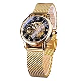 FORSINING Automatische, mechanische Damenuhr mit goldfarbenem Zifferblatt und Edelstahl-Mesh-Armband, römische Ziffern, automatisches Aufziehen, oro, Luxury