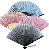 YOLONCE 4 Stück Faltbare Fächer Handfächer,Bambusfächer mit Quaste,Holz Geschnitzten Bambus Handheld Faltfächer,Hand Fan Asiatische Deko für Wanddekoration,Geschenke