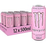Monster Energy Ultra Strawberry Dreams - koffeinhaltiger Energy-Drink mit süßlich-saurem Erdbeer-Geschmack - ohne Zucker, ohne Kalorien - in praktischen Einweg Dosen (12 x 500 ml)