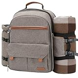 Sunflora Picknick Rucksack Set 4 Personen mit Isoliertem Kühlung und Decke, Picknickkorb 4 Personen für Camping Outdoor (Beige)