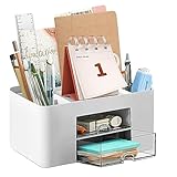 Schreibtisch Organizer - Multifunktionaler Büro Organizer mit 7 Fächer - Stiftehalter Schreibtisch mit 2 Schublade, Tisch Organizer aus Kunststoff, Desk Organizer für Zuhause Schule (Weiß)