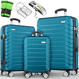 tillvex® Reisekoffer Set 3-TLG. + Gepäckwaage, 6X Koffergurte & 3X Kofferanhänger | Kofferset 4 Rollen | Trolley Gepäck Koffer TSA Schloss | Rollkoffer Hartschalenkofferset S-M-L-XL (Türkis)