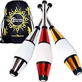 Juggle Dream Euro PRO Jonglierkeulen 3er-Set (Silber/Rot/Gold) Jonglier Keulen Training Set + Flames N Games Reisetasche! Große Keulenjonglage Set für Kinder & Erwachsene!