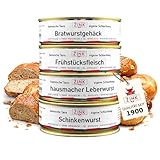 ZinksWurst© Wurstdosen 4 × 200 g, hausgemachte Dosenwurst, traditionelle Herstellung, Bratwurstgehäck Schinkenwurst Frühstücksfleisch Leberwurst, Delikatesse Spezialitäten Feinkost Geschenk