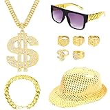 Zuhälter Kostüm Set, 80/90 Jahre Outfit Herren Hip Hop Kostüm, Dollar Kette, Große Goldkette, Goldener Hut, Chinesische Zeichen Ring Geeignet, Ring mit US-Dollar für Karneval Fasching Mottoparty