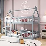 Etagenbett 90x200, Kinderbett Hochbett für 2 Kinder, Hausbett mit Treppe und Tür, Kinderhochbett mit Rausfallschutz und Lattenrost, Bettgestell Stockbett Familienbett Loft Bett, Massivholz, Grau