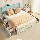 BursDany Gepolstertes Bettgestell, 140 x 190 cm, mit LED und USB, Doppelbett mit 4 Schubladen und Lattenrost, für Jugendliche und Erwachsene, ohne Matratze, Beige Leinen (Beige, 140 x 190 cm)