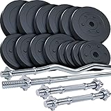 ScSPORTS® 80 kg Kunststoff Hantelset mit 1x Langhantel-Stange, 1x SZ Curlstange und 2x Kurzhanteln Extra Lang mit Gewinde, Kombiset inkl. 14 Hantelscheiben Gewichte