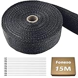 Foneso Hitzeschutzband, 15M Hitzeschutzband Auspuff Schwarz mit 12 Edelstahl Kabelbinder, für Motorrad Fächerkrümmer Thermoband Krümmerband