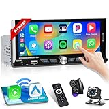 Hikity Wireless Apple Carplay Autoradio 1Din mit Bildschirm 7Zoll Touchscreen 1Din Radio Bluetooth mit Bluetooth-Freisprecheinrichtung Volumen Knopf Typ C FM AUX USB SWC Mirror Link Rückfahrkamera