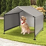 Hundehütte Outdoor für Kleine bis Große Hunde, 120x120x100 cm, Wasserdicht Hundezelt mit Rückentür und künstlichen Weinreben, Sonnenschutz Hundeliege mit Dach für Hühner, Katzen, Farbe in Grau