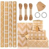 DYDHRER Geschenkpapier Set,4 Stücke Geschenkpapier Rolle, 43cm x 3M, Kraft Geschenkpapier Geburtstag,Geschenkpapier Weihnachten mit 2 Klebeband 3 Hanfseil 20 Tag für Festliche Geschenkverpackungen