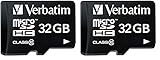 Verbatim Premium Micro SDHC Speicherkarte mit Adapter, 32 GB, Datenspeicher für Foto- und Video-Aufnahmen, Micro SD Karte in schwarz, ideal für Handy, Kamera oder Tablet (Packung mit 2)