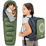Trail Schlafsack Kinder Mumienschlafsack als Schlafsack 3 Jahreszeiten für Camping – 300gsm – für Jungen und Mädchen – mit Leichtem Transportrucksack - Khaki