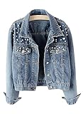 Vcindai Damen Jeansjacke Langarm Jacke Kurz Jeansjacke mit Perlen