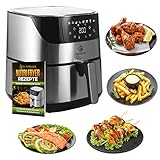 NUTRI-FRYER Heissluftfritteuse XXL Edelstahl DEUTSCHE MARKE Heißluft Fritteuse XXL Set 2000W TESTSIEGER Airfryer 5L Groß | Pommes Fritteuse ohne Fett & Öl | Pizzablech + Barrel + Rezeptbuch