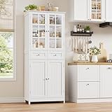 HOCSOK Küchenschrank, 180 cm Buffetschrank mit 2 Glastüren, Hochschrank mit 4 Türen und 2 Schubladen, Mehrzweckschrank für Küche, Esszimmer, Wohnzimmer, Weiß