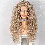 Saphirewigs Lockige Spitze Front Perücke Asche Gold Synthetische Perücken für Frauen 13x2.5 Tägliche Tragen Party Halloween Hitzebeständige Perücke 24inch