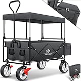 KESSER® Bollerwagen faltbar mit Dach Handwagen Transportkarre Gerätewagen | inkl. 2 Netztaschen, Cover und Einer Außentasche | Mit Vorderrad-Bremse | klappbar | Vollgummi-Reifen | bis 100 kg Anthra