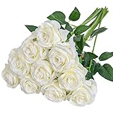 Nubry künstliche Seidenrose Blume einzigen Stiel lebensechte gefälschte Rose für Hochzeit Bouquet Blumenarrangements Home Party Centerpiece Dekoration, 10pcs (Off White)
