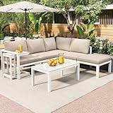 Zravenna 5 TLG.Lounge Möbel Set Outdoor, Gartenlounge Aluminium wetterfest für 6–8 Personen, Garten Sitzgruppe mit Kissen, Ecksofas, Hocker, Großen Esstisch, Beistelltisch (Weiß)