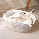 FOR-HI Katzenbett mit Kissen. 40cm Waschbar Katzenkorb aus Baumwollseilen geflochten, zum Schlafen für Alle Katze, All Season Universal(White)