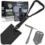 RHINO USA Klappspaten mit Hacke als Survival Ausrüstung – Robuste Klappschaufel aus Karbonstahl Bundeswehr Stil für Gelände, Camping, Gärtnern, Strand, zum Schaufeln von Erde, Matsch und Schnee