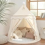 LIONHERZ® DAS ORIGINAL Spielzelt für Kinder, atmungsaktiv aus Baumwolle&Hanf | Märchenschloss mit Fiberglasstangen, Tasche, Matte und Deko | stabiles Tipi Jungen Mädchen (Cremeweiß, mit Zubehör)